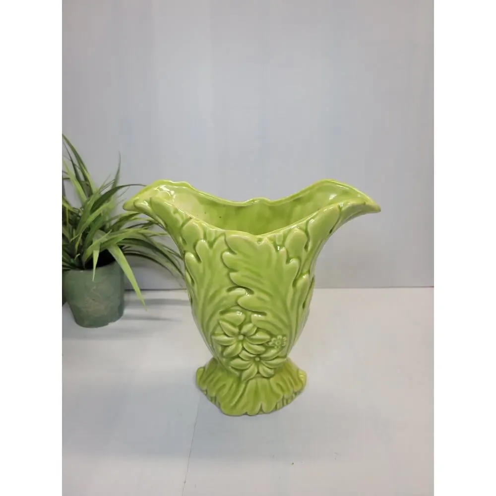 Vintage Lime Green Floral & Leaf Vase Art Pottery - Picture 3 of 5